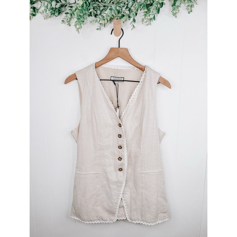 NWT Bagatelle Linen Blend Vest Large Cream Crochet Trim Button Up Twee